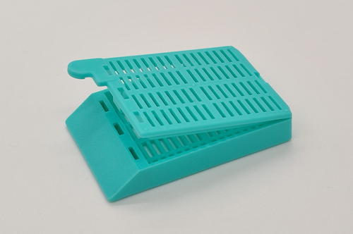 [GEN-GS-1094A] plastic biopsy tissue cassettes with attached lid and 35 angled face aqua 